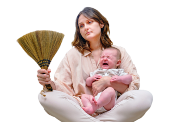 A sad woman with a baby is sitting on the floor in a home living room, problems with household chores at the birth of a child, isolated on a white background