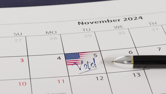 US presidential election will take place on November 5, 2024. Camera rotating around US flag and moving back to a calendar with a US flag and the text "Vote!" at the 5th of November. 
