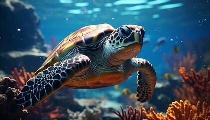 Fototapeta premium Large turtle hunting prey in its natural underwater habitatmarine life and underwater world concept