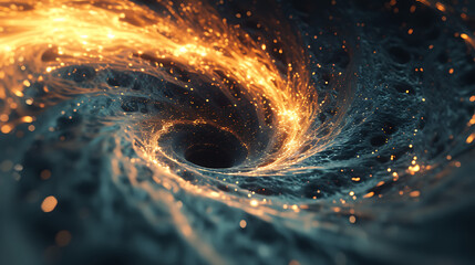 Intriguing 3D render depicting a black hole at the center of a vortex, with luminous particles leaving captivating traces