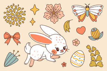 Happy Easter vector set. White bunny. Cute rabbit whis flowers and plants, eggs, carrot, butterfly and ladybug. Trendy color flat style vector set. Perfect For Poster, Tshirt Print or Greeting Card.
