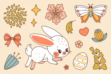 Foto op Canvas Happy Easter vector set. White bunny. Cute rabbit whis flowers and plants, eggs, carrot, butterfly and ladybug. Trendy color flat style vector set. Perfect For Poster, Tshirt Print or Greeting Card. © Aikaterini