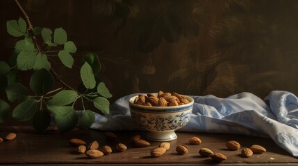 Almonds in porcelain bowl on table