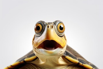 Cute, surprised turtle with large eyes on white background. Ideal for promotions, great deals or offers. Good price, Black Friday, discount. Copy space for text. Amazed animal.