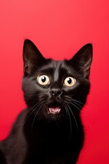 Black surprised cat with large, captivating eyes on red background. Ideal for promotions, great deals or offers. Good price, Black Friday, discount. Copy space for text. Amazed pet.