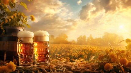 A lively Oktoberfest celebration backdrop, with traditional Bavarian decor, frothy beer steins - obrazy, fototapety, plakaty