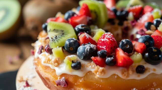 A donut is decorated with a variety of colorful and fruity toppings, including chopped strawberries, kiwi, and blueberries