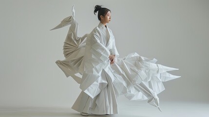 Japanese woman wearing white coat made from folded origami paper in shape of paper animal full body grey background