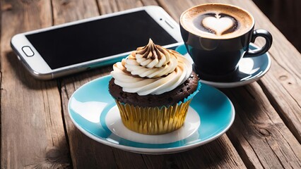 A chocolate cupcake with white frosting sits on a blue plate next to a cup of latte art and a smartphone on a wooden table.