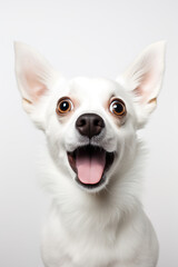 Obraz premium Cute, surprised dog with large, captivating eyes on white background. Ideal for promotions, great deals or offers. Good price, Black Friday, discount. Copy space for text. Amazed pet.