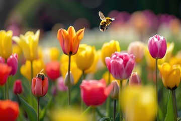 Depict the bustling ecosystem of a tulip festival, buzzing with bees collecting nectar and butterflies fluttering among the colorful blooms.  - obrazy, fototapety, plakaty