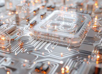 Semiconductors of computer circuit board technology with white lights.