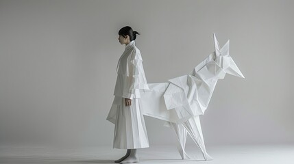 Japanese woman wearing white coat made from folded origami paper in shape of paper animal full body grey background
