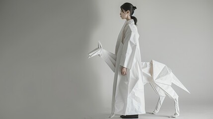 Japanese woman wearing white coat made from folded origami paper in shape of paper animal full body grey background
