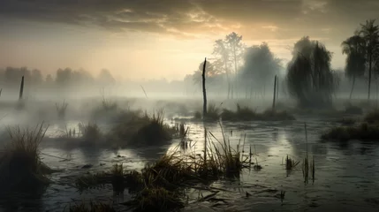 Fotobehang  Typical Dutch water landscape in a mystical misty © Waji