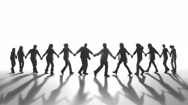 groupe de personne faisant une chaine humaine en se tenant la main sur l'horizon &agrave; contre-jour, concept de solidarit&eacute; et d'entre-aide 