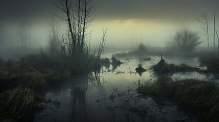 Fototapeta na wymiar Typical Dutch water landscape in a mystical misty