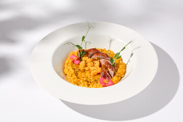 Elegant duck breast with pumpkin risotto in a shadowy white ambiance, perfect for sophisticated culinary presentations