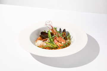 Tomato risotto with seafood on a white plate, perfect for Mediterranean cuisine and healthy eating concepts