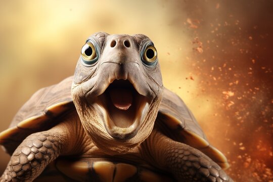 Astonished turtle against a warm brown backdrop, ideal for themes on surprise, nature's wonders, or humorous content.