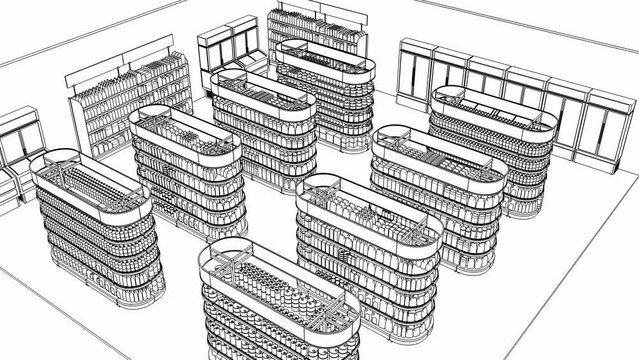 Contour of store isometric mockup with rows of shelving with blank goods and rounded side sections. 3d animation, rotation, isolated on white