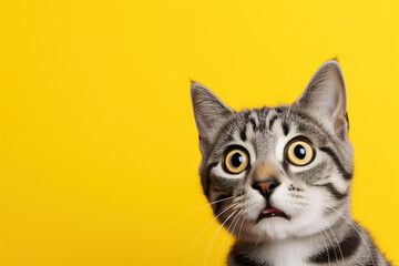 Surprised cat with wide eyes on a vivid yellow background, ideal for pet promotions, funny content, and engaging advertisements with ample copy space.