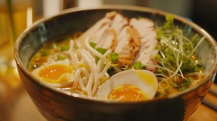 Ramen soup with chicken, egg, chives and sprou