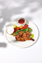 Grilled chicken tabaka with roasted vegetables and sauces on white, with shadows adding depth to the presentation