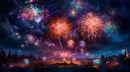 Fototapeta na wymiar Vivid 3D New Year card with realistic fireworks