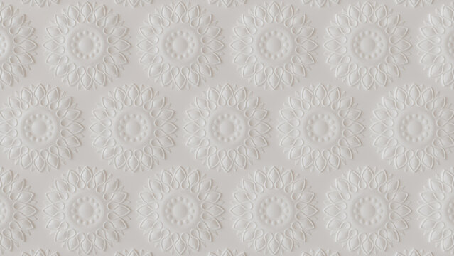 Intricate Light Decorative Pattern Wallpaper. White 3D Stucco Background.