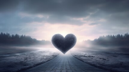 Fototapeta premium a heart shaped object on a road in the middle of a field with a foggy sky in the background.