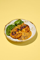 Savory Sweet Potato Cakes with Vegetable Salsa and Spinach, Healthy Vegan Concept. Ideal for Vegetarian Cuisine and Nutritious Meals