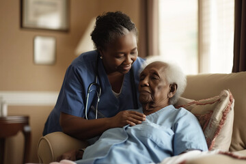 nurse or caregiver caring for elderly patient in care retirement home