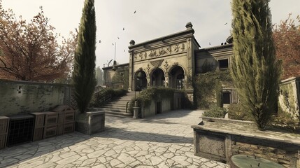 The map usually starts players outside the mansion. There are pathways leading to the main entrance, which is often guarded by Counter-Terrorists. This area may also have some cover objects