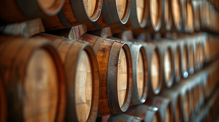 A wall of wooden barrels stacked on top of each other.
