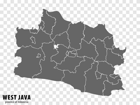 Blank map West Java province of Indonesia. High quality map West Java with municipalities on transparent background for your web site design, logo, app, UI. Republic of Indonesia.  EPS10.