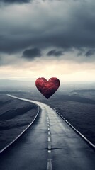 Fototapeta premium a long road with a red heart in the middle of it and a sky filled with dark clouds in the background.