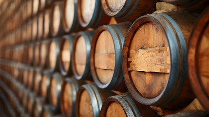 A wall of wooden barrels stacked on top of each other.