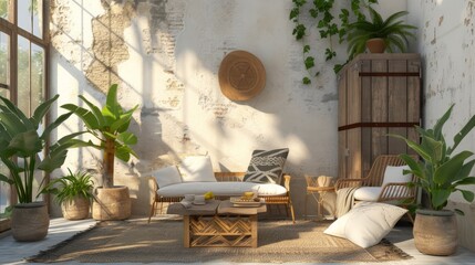 Summer Nordic Style Interior Design Terrace Backdrop - Beautiful Summer Nordic Balcony in the Cave - Terrace Summer Nordic Style Background created with Generative AI Technology - obrazy, fototapety, plakaty