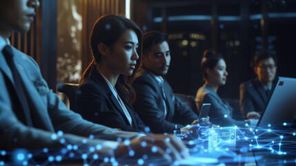 A team of professionals is intently analyzing digital data on futuristic transparent screens in a high-tech corporate environment.