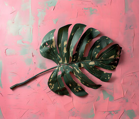 leaf monstera in pink paint on a pink background in t