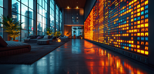 Fototapeta na wymiar Night in the city. Terminal, hall, office with a view of the city and virtual stock charts. Data analysis concept.