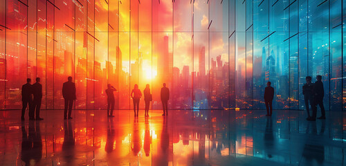 Sunrise in the city. A group of people admiring the sunrise through the window of an office building