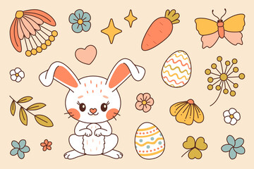 Happy Easter vector set. White bunny. Cute rabbit whis flowers and plants, eggs, carrot, butterfly and ladybug. Trendy color flat style vector set. Perfect For Poster, Tshirt Print or Greeting Card.
