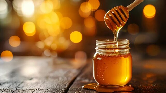 honey in a jar on wooden background
