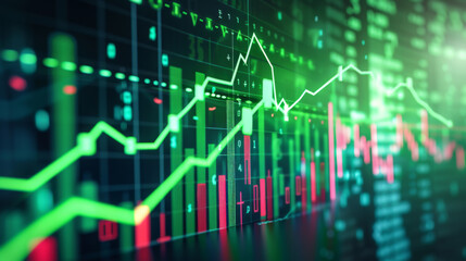 digital graphical representation of a stock market with fluctuating graphs, numerical data, and upward and downward trends, indicating financial analysis or stock trading activity.