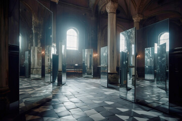 Mirror room, exclusive interior design. The concept of the purity of the versatility of illusory world. AI generated.