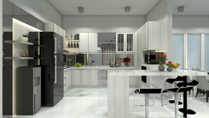 Modern Kitchen Cabinet with Marble Bar Table and Beverage Counter