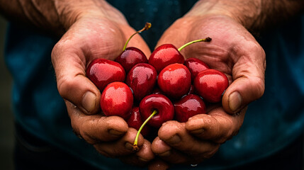 a person holding a handful of cherries in their hands - Powered by Adobe
