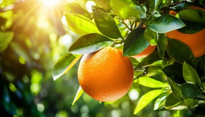 Orangen h&auml;ngen an einem Orangenbaum mit gr&uuml;nen Bl&auml;ttern auf einer Orangenplantage bei Sonnenschein